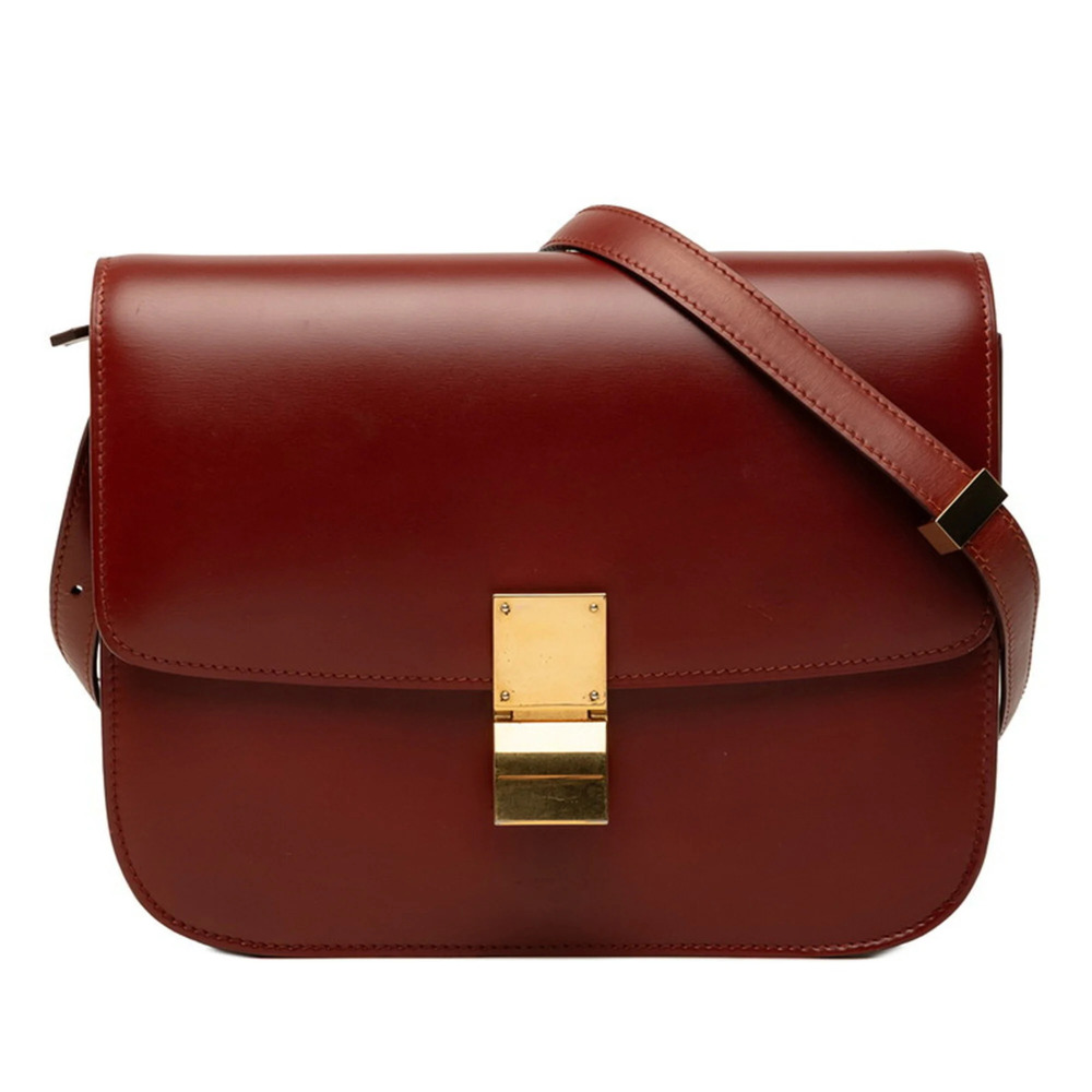 Celine Classic Box Shoulder Bag, Red/Bordeaux Leather, Women's CELINE